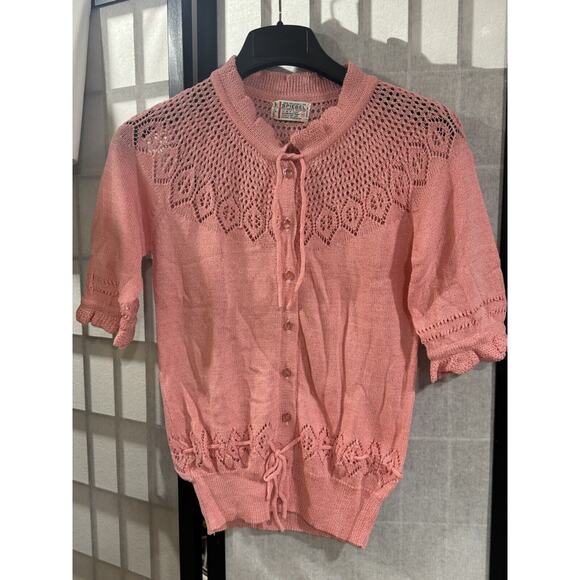Vintage Crochet Cardigan Sweater Tie Embellishment Pink Spiegel M - Picture 1 of 7